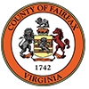 The County of Fairfax, Virginia logo. It is the seal of the county with an orange border with the words of the county.