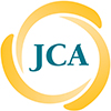 Jewish Council on Aging color logo. Three yellow brush strokes fitted around a circle with the letters JCA in teal in the center