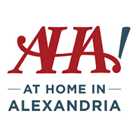 AHA! - At Home in Alexandria logo. The letters AHA in red with an ! at the end. At Home in Alexandria in blue below the AHA